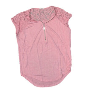 PINK Lace Shoulder Tee with Zipper Accent - Size Large